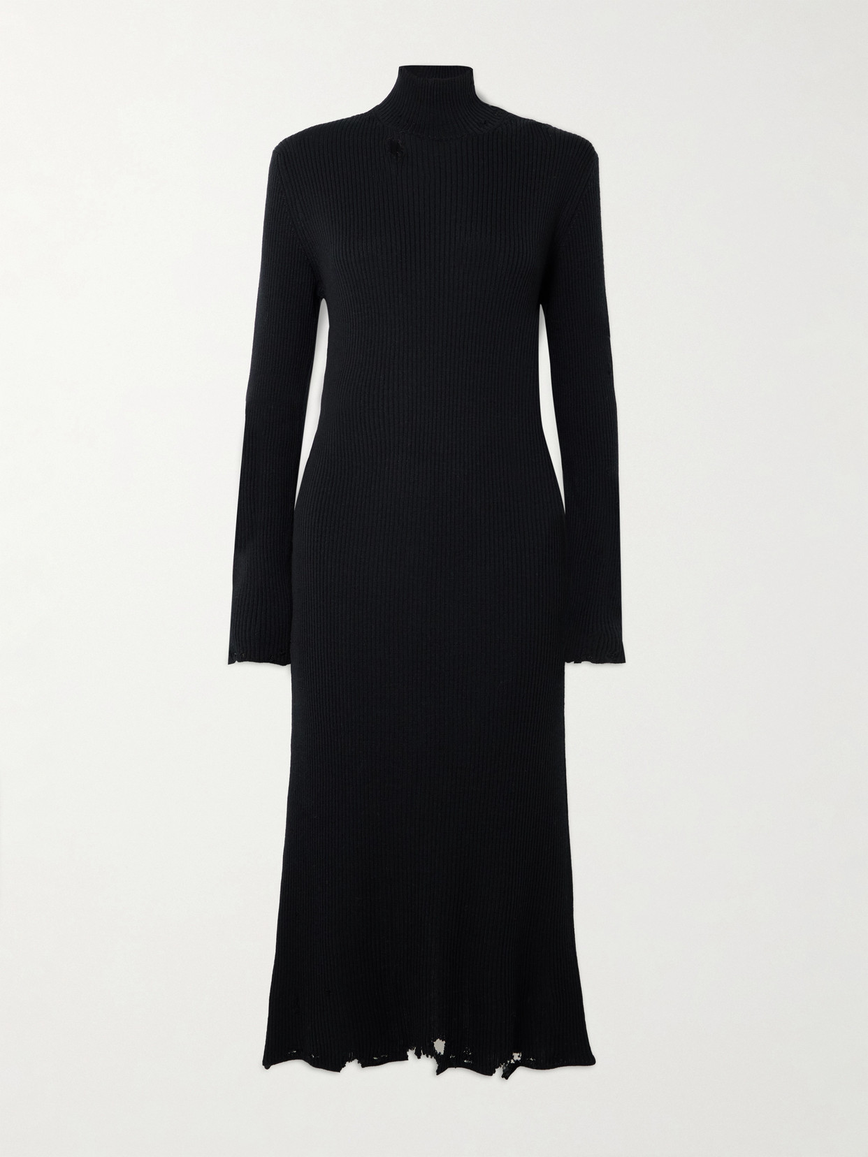 Balenciaga Distressed Ribbed-knit Turtleneck Midi Dress In Black