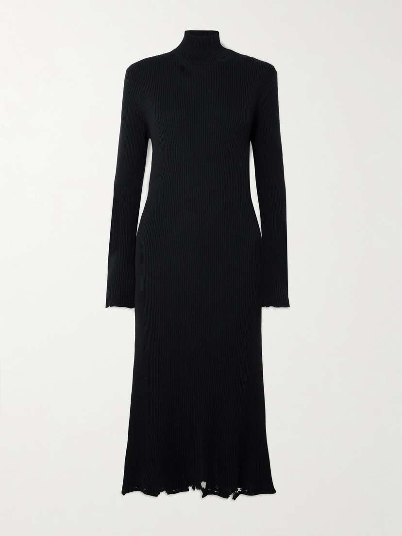 Balenciaga Distressed Ribbed-knit Turtleneck Midi Dress