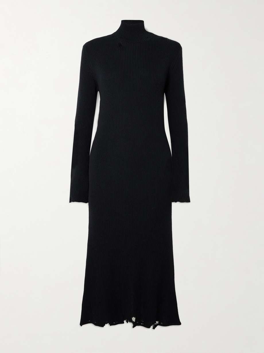 distressed ribbed-knit turtleneck midi dress