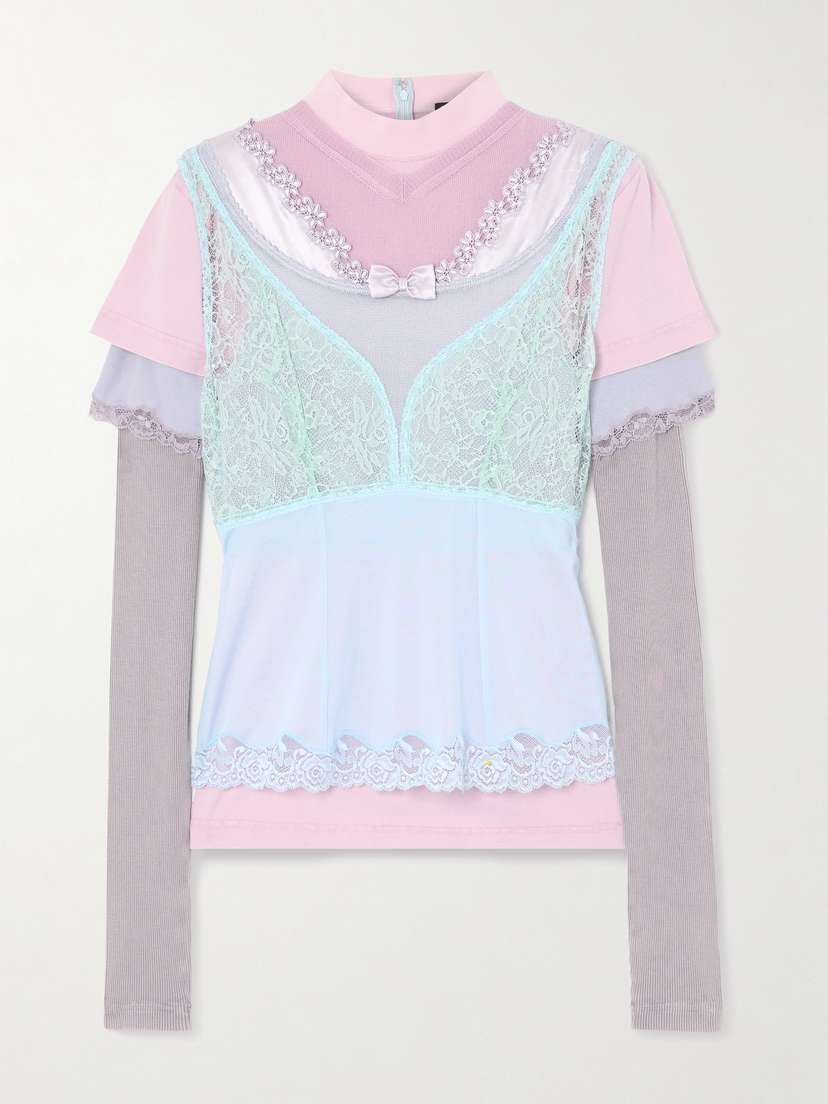 Balenciaga Bow-detailed Layered Lace-trimmed Satin And Jersey Top