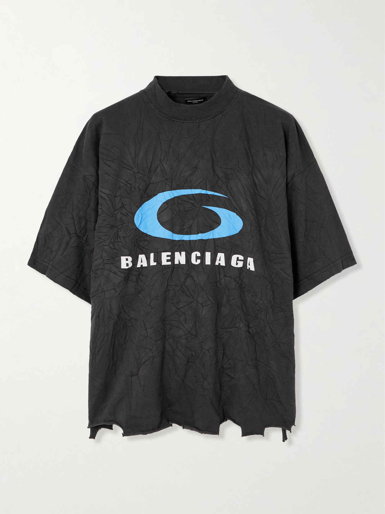 Balenciaga Cropped Distressed Printed Cotton-jersey T-shirt In Black