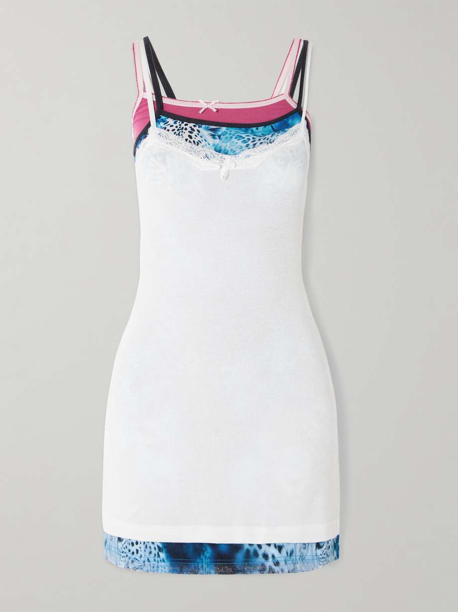 layered lace-trimmed printed ribbed stretch-modal mini dress