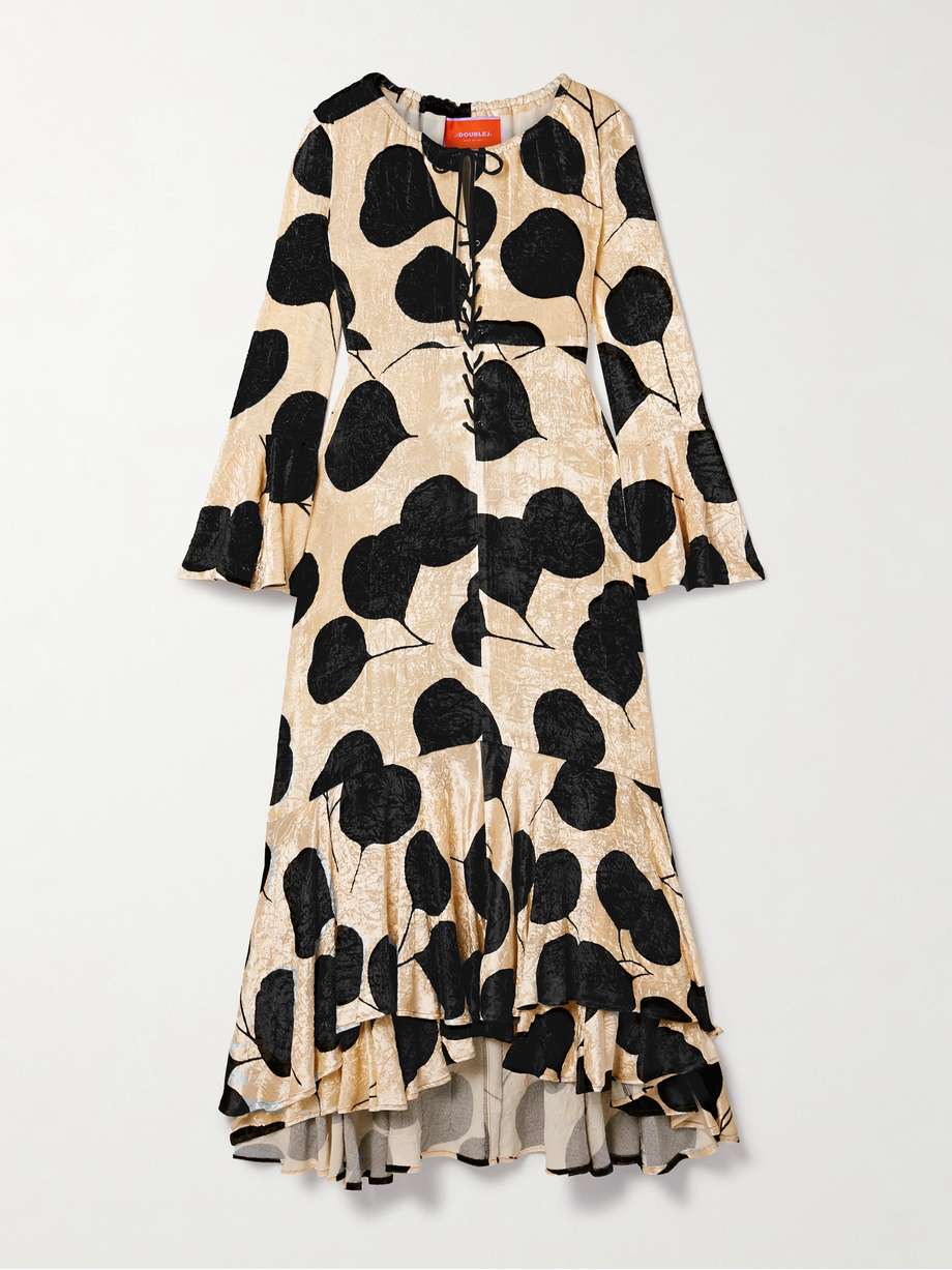 cocteau lace-up printed crushed-velvet maxi dress