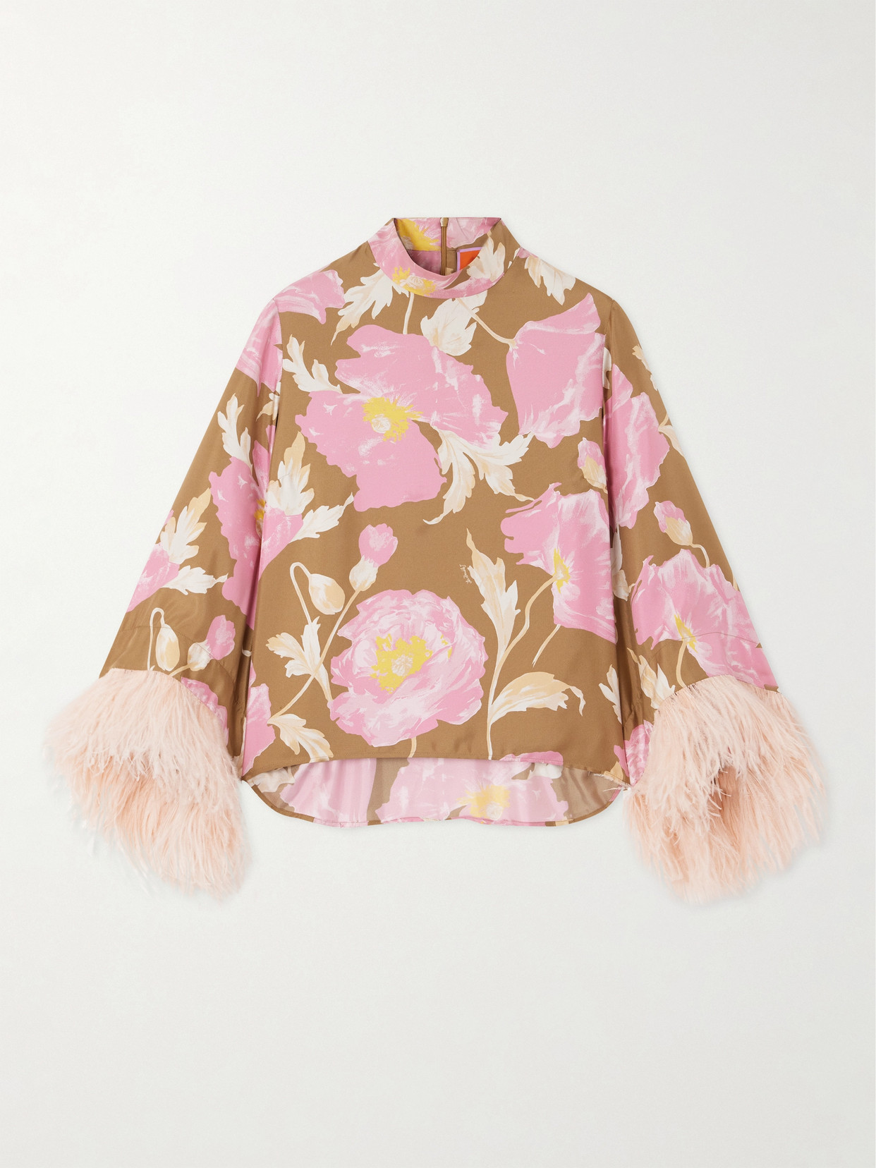 La Doublej Make An Exit Feather-trimmed Silk Top In Pink