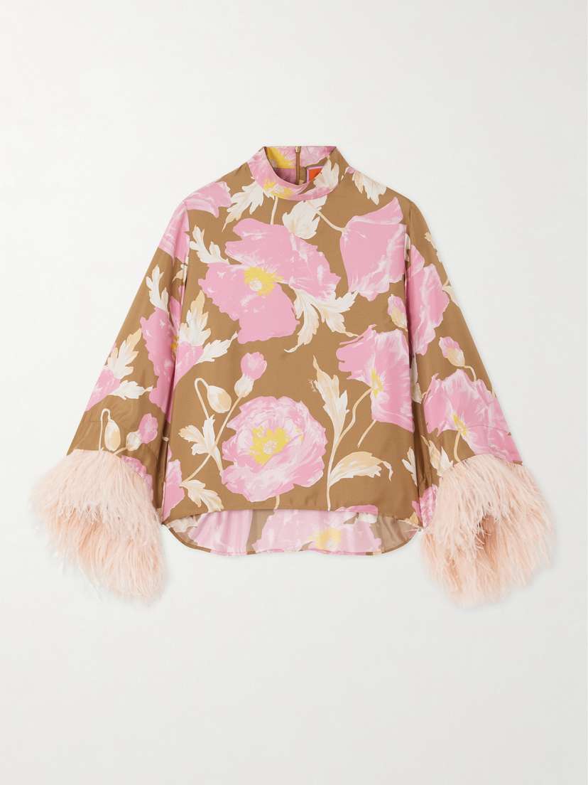 La DoubleJ Make An Exit Feather-trimmed Floral-print Silk-twill Blouse