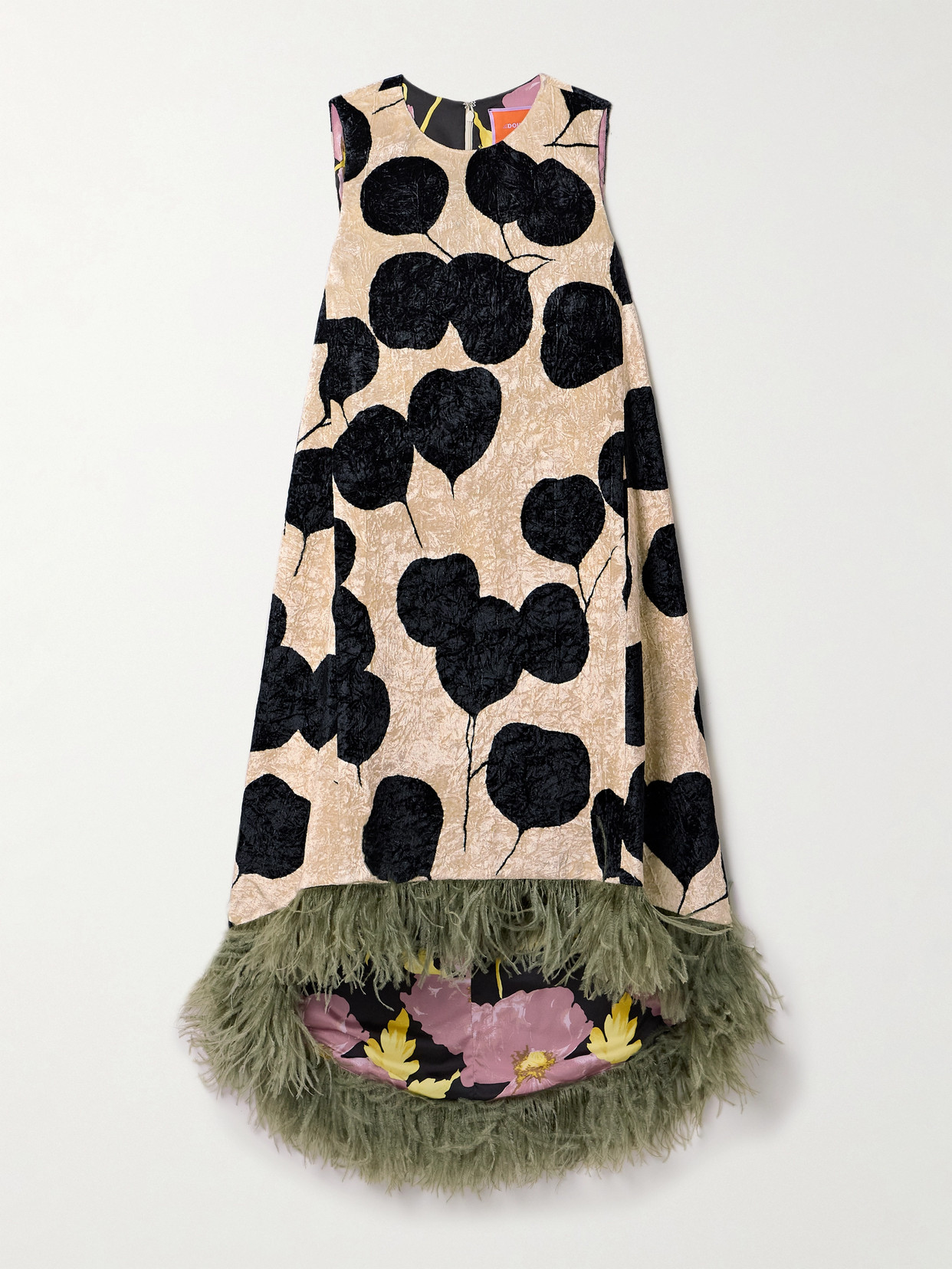 LA DOUBLEJ LA SCALA ASYMMETRIC FEATHER-TRIMMED FLORAL-PRINT CRUSHED-VELVET DRESS