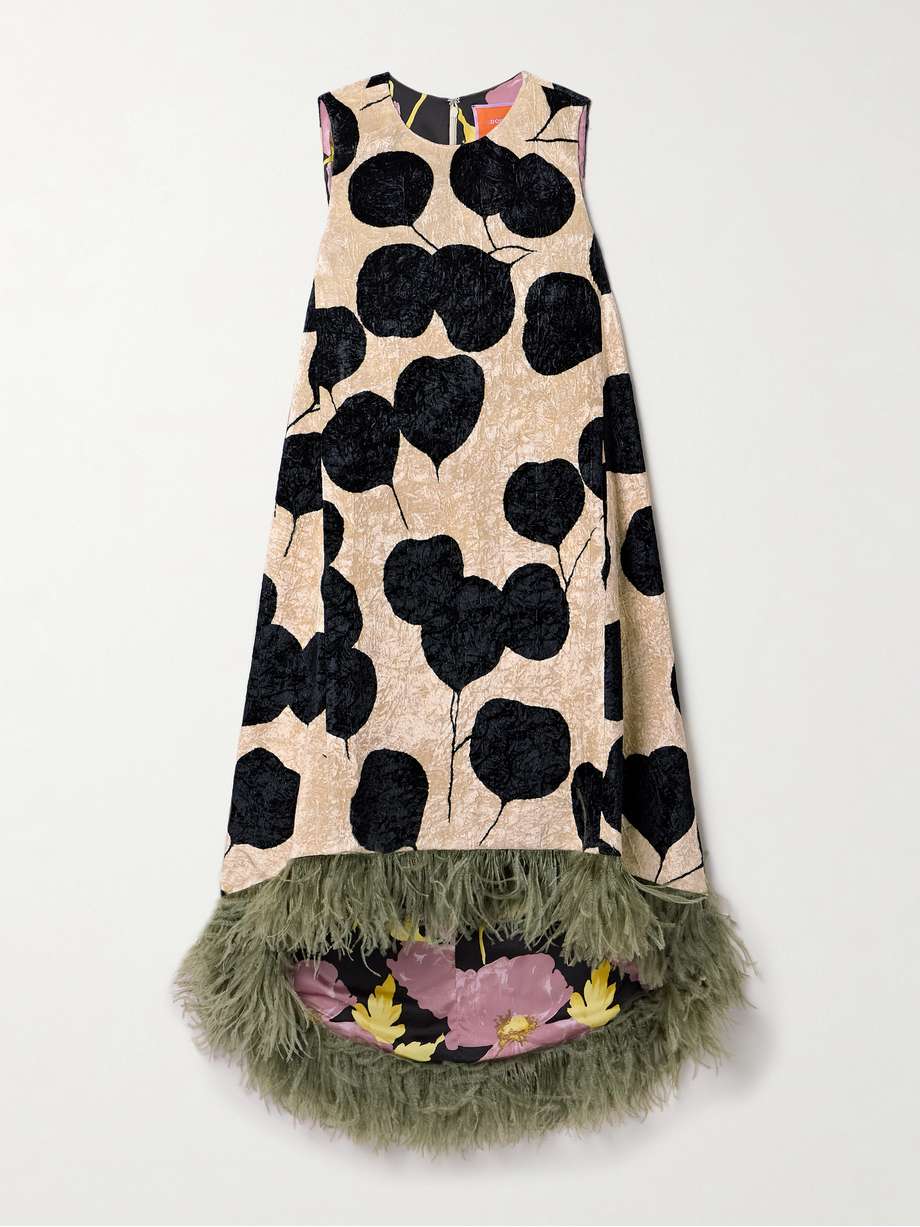 la scala asymmetric feather-trimmed floral-print crushed-velvet dress