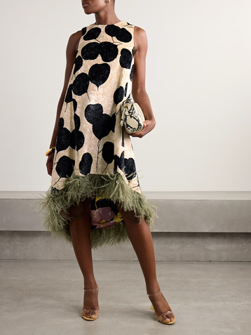 La DoubleJ La Scala asymmetric feather-trimmed floral-print crushed-velvet dress