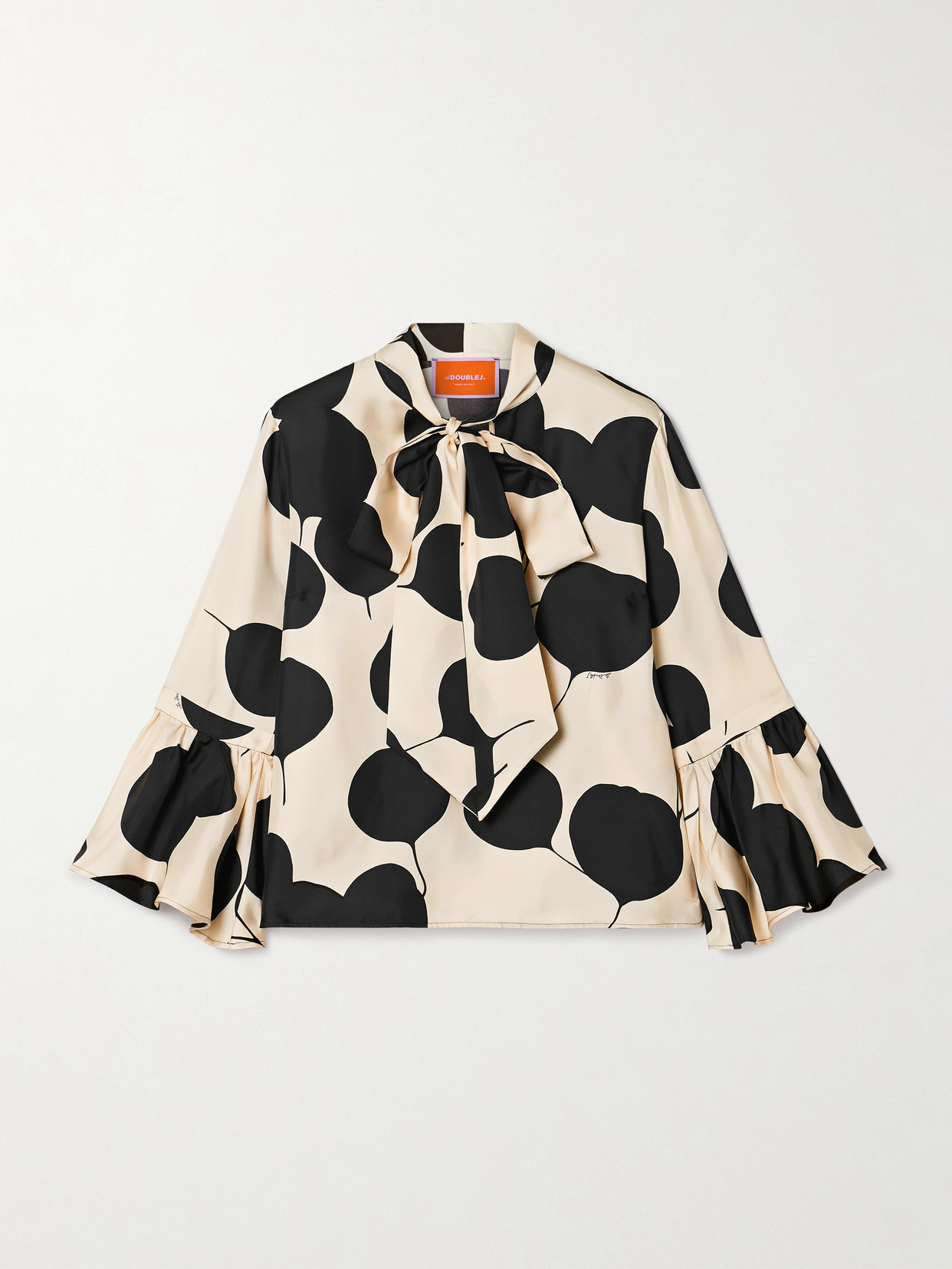 La Doublej Happy Wrist Tie-detailed Printed Silk-twill Blouse In Cream