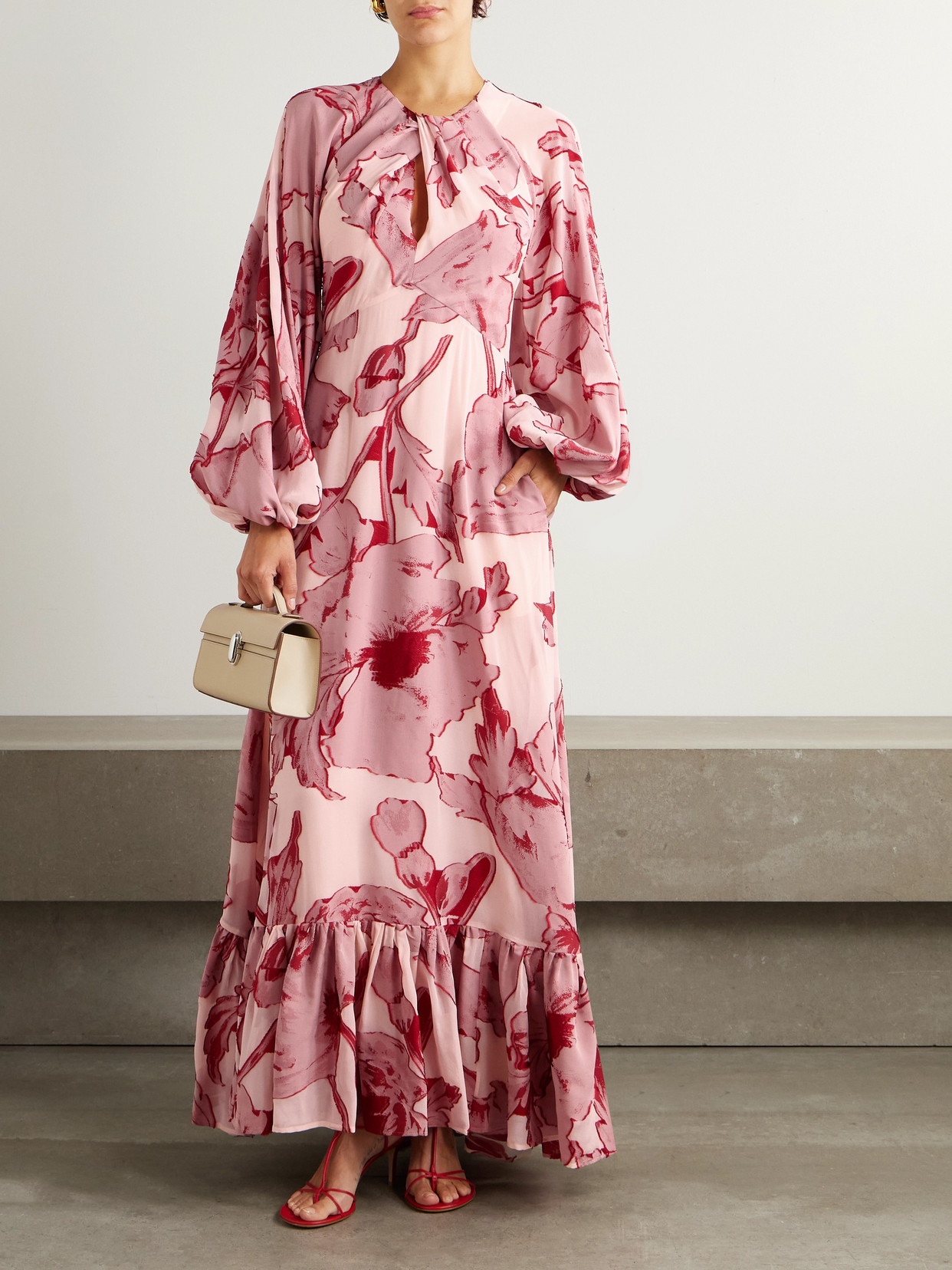 La Doublej Printed Silk-blend Chiffon Maxi Dress In Red