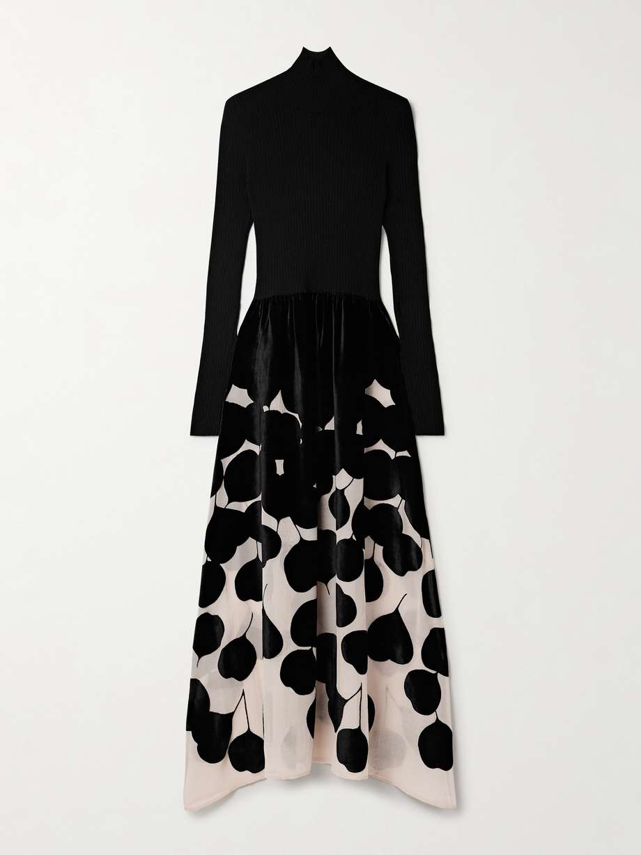 lunaria ribbed-knit and devoré-velvet turtleneck maxi dress