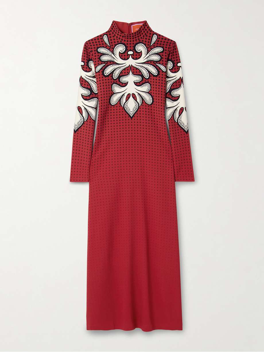 icon halle printed crepe turtleneck midi dress