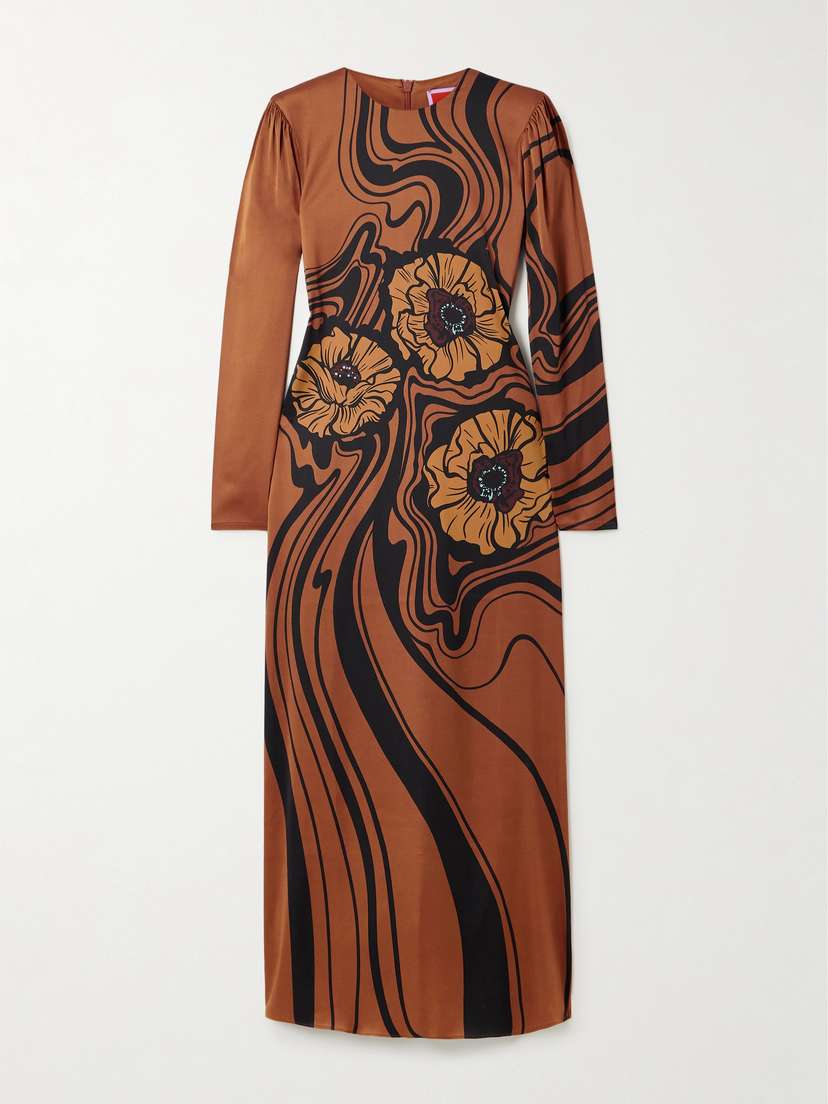 La DoubleJ Icon Clingy Swing Floral-print Satin Midi Dress