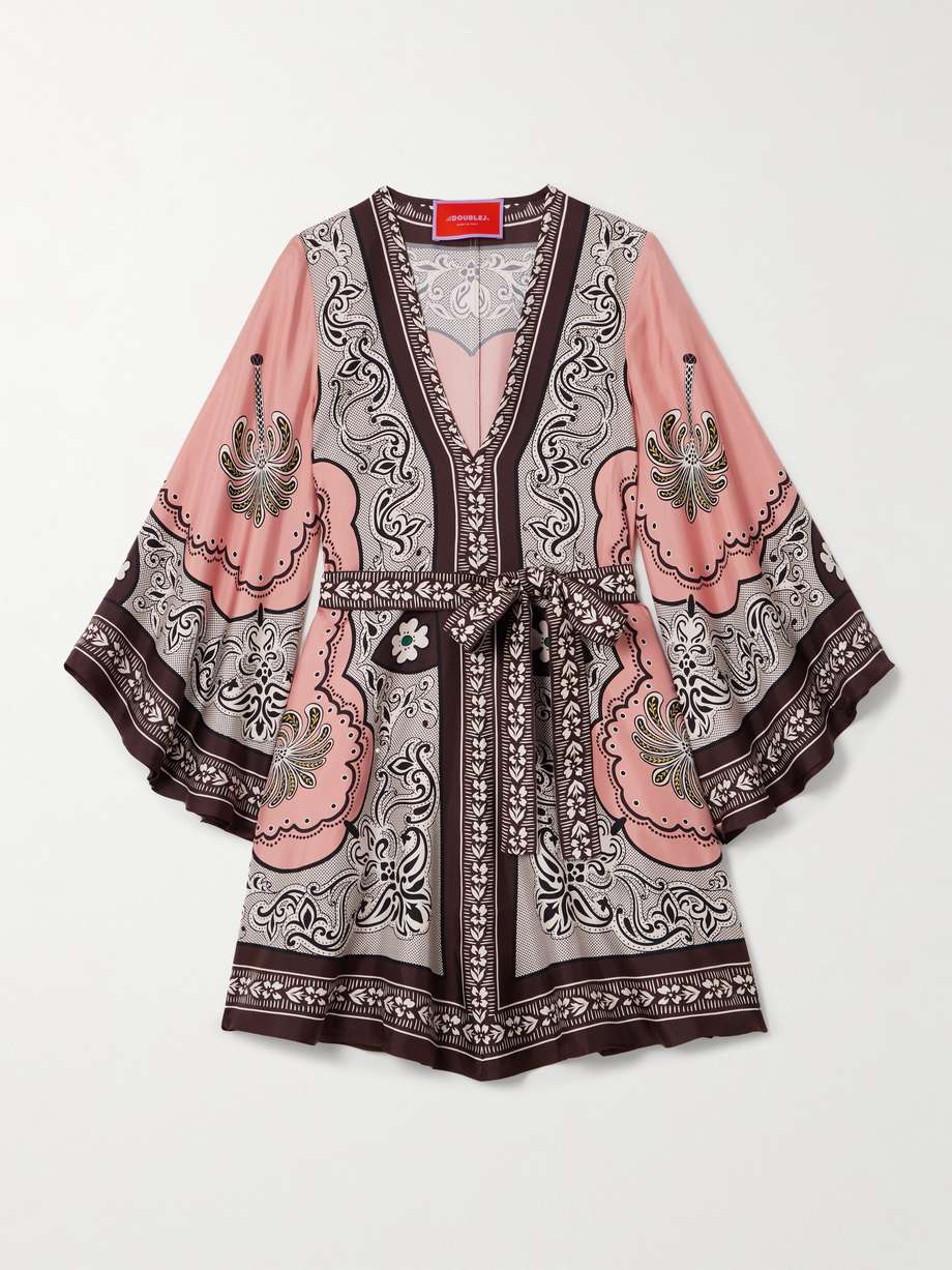 magnifico belted printed silk-twill mini dress