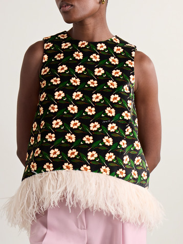 La DoubleJ La Scala asymmetric feather-trimmed floral-print cotton-velvet top