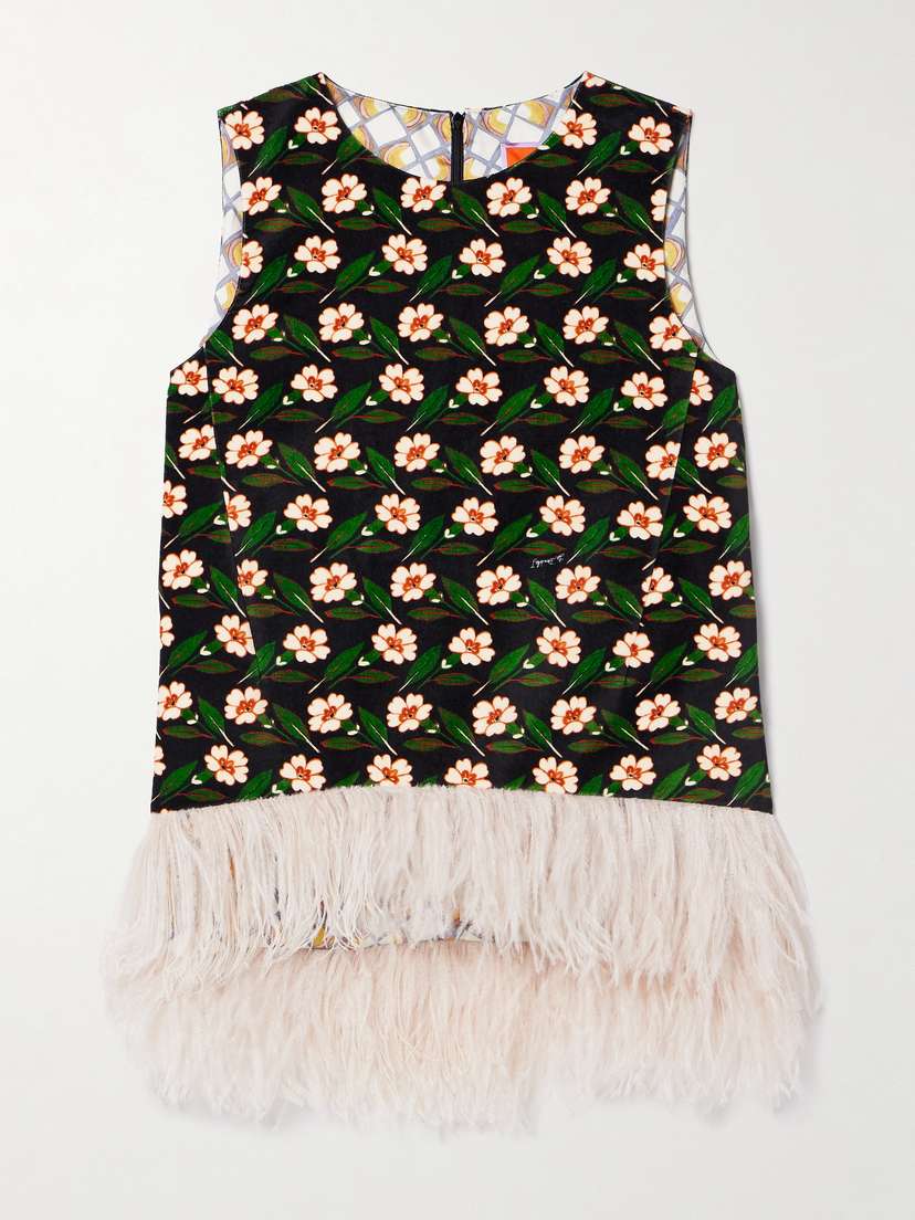 La DoubleJ La Scala Asymmetric Feather-trimmed Floral-print Cotton-velvet Top
