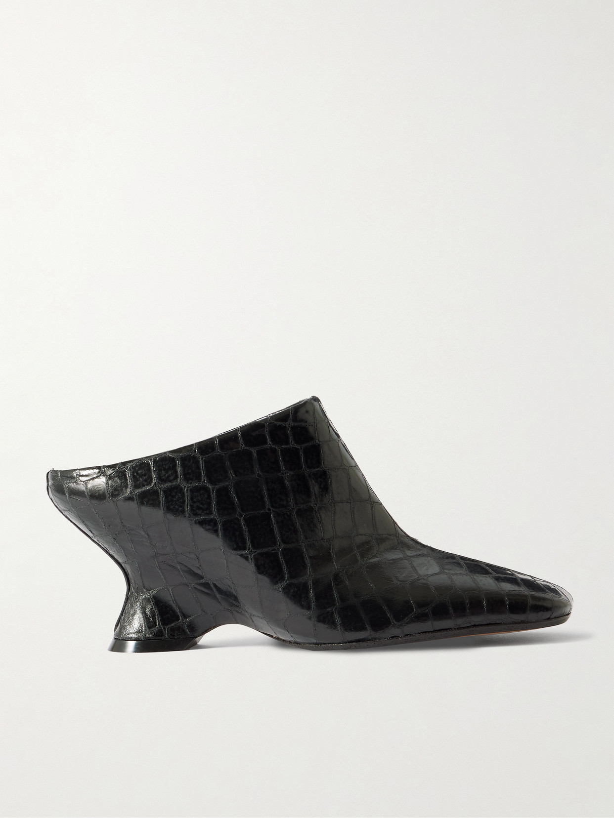 Dries Van Noten Croc-effect Leather Wedge Mules In Black