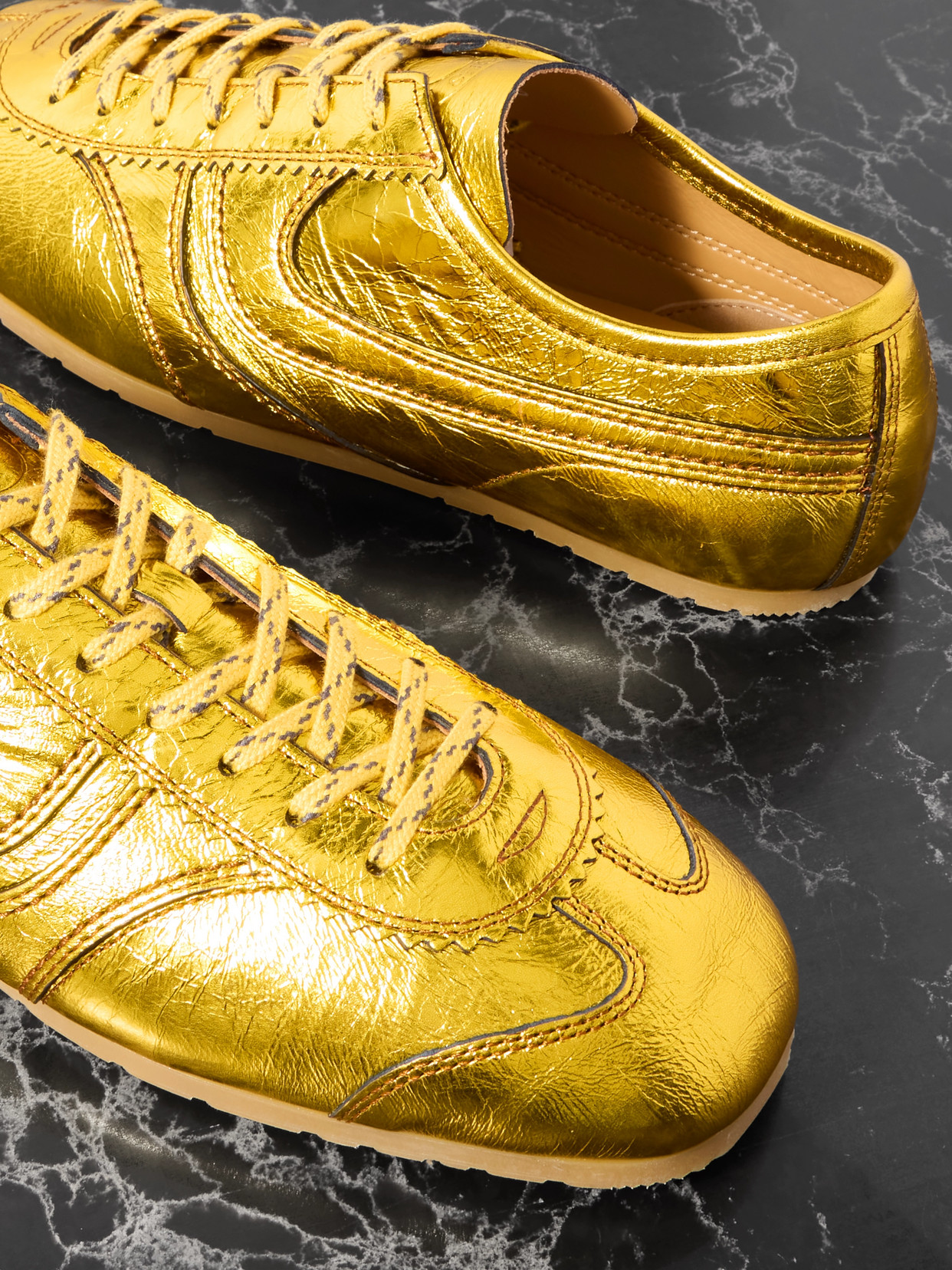 DRIES VAN NOTEN PANELED METALLIC CRINKLED-LEATHER SNEAKERS