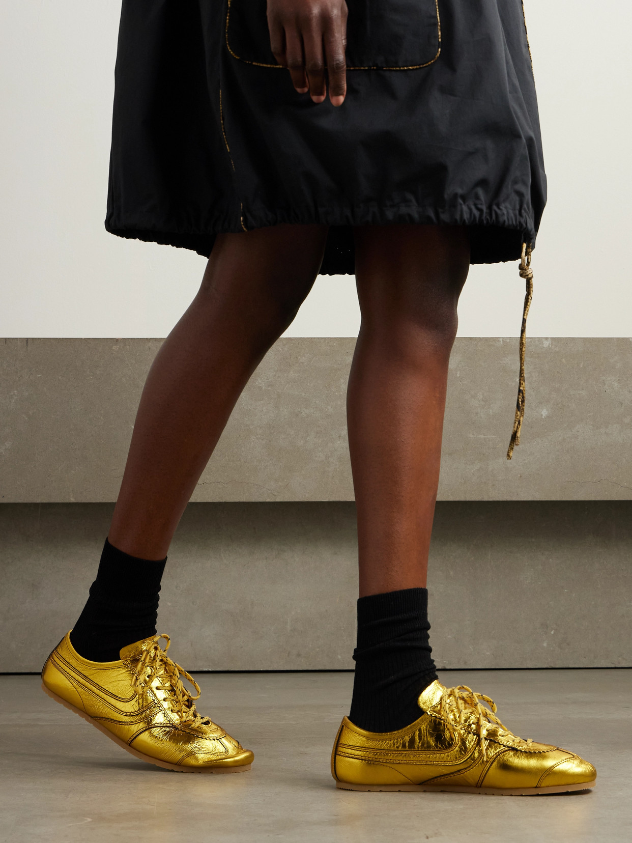DRIES VAN NOTEN PANELED METALLIC CRINKLED-LEATHER SNEAKERS