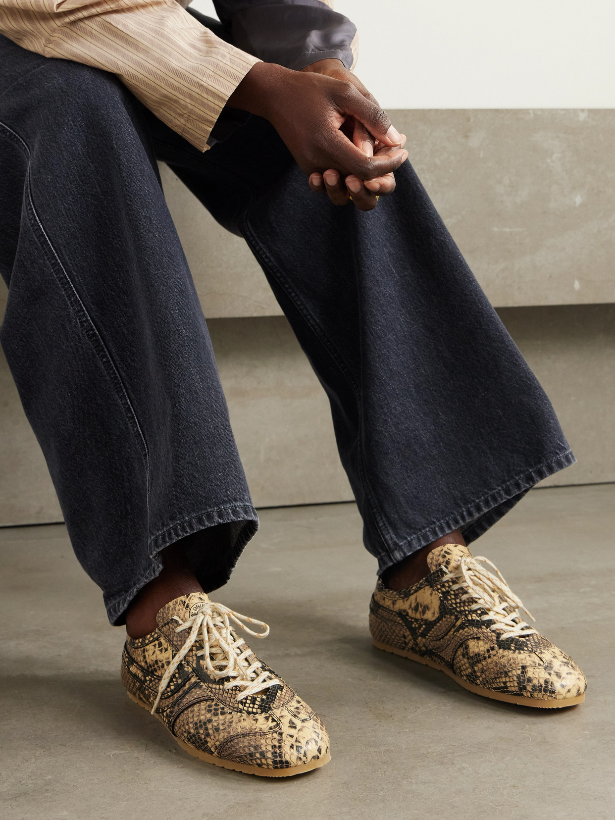DRIES VAN NOTEN PANELED SNAKE-EFFECT LEATHER SNEAKERS