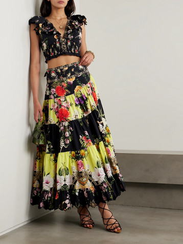 Camilla Tiered embellished floral-print organic cotton maxi wrap skirt