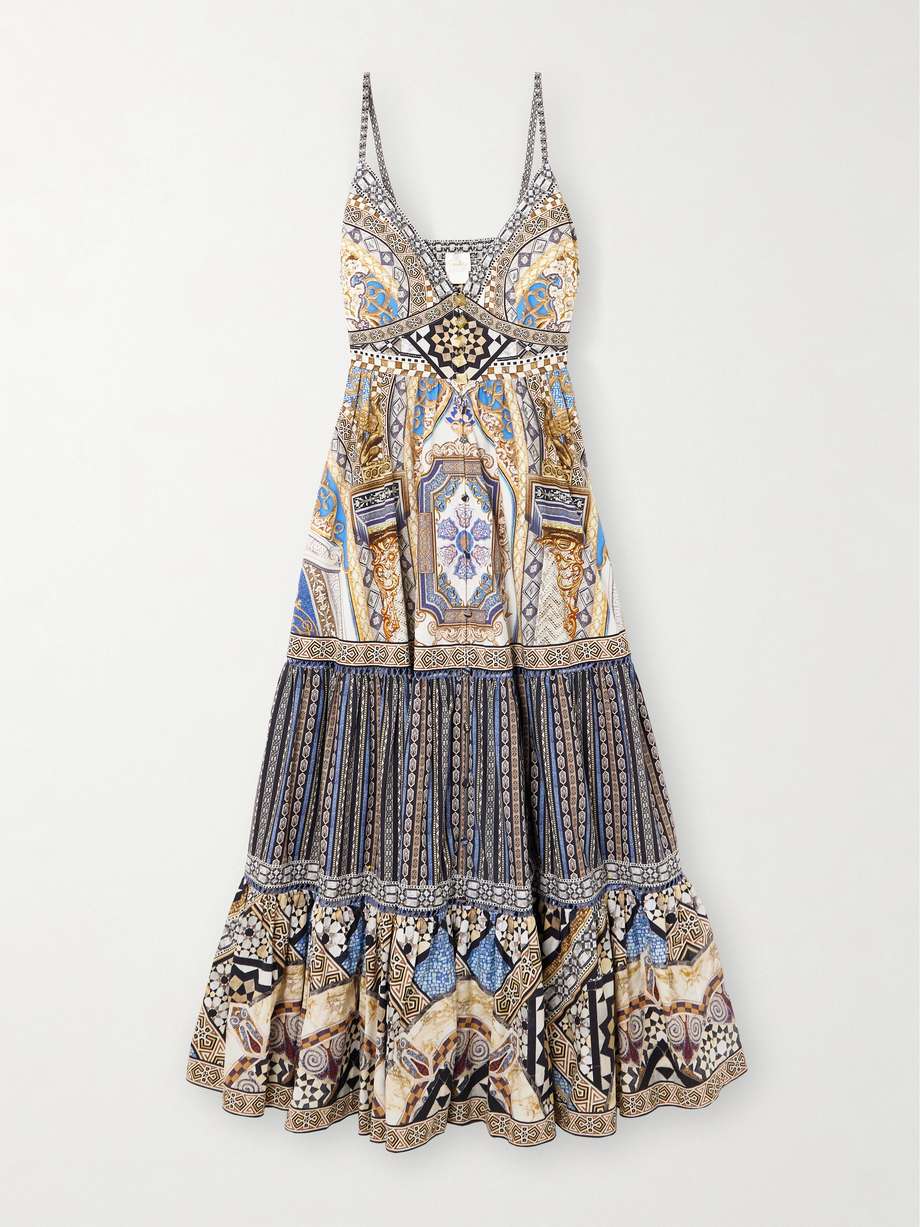 crystal-embellished tiered shirred lace-trimmed cotton maxi dress