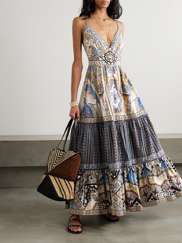 Camilla Crystal-embellished tiered shirred lace-trimmed cotton maxi dress