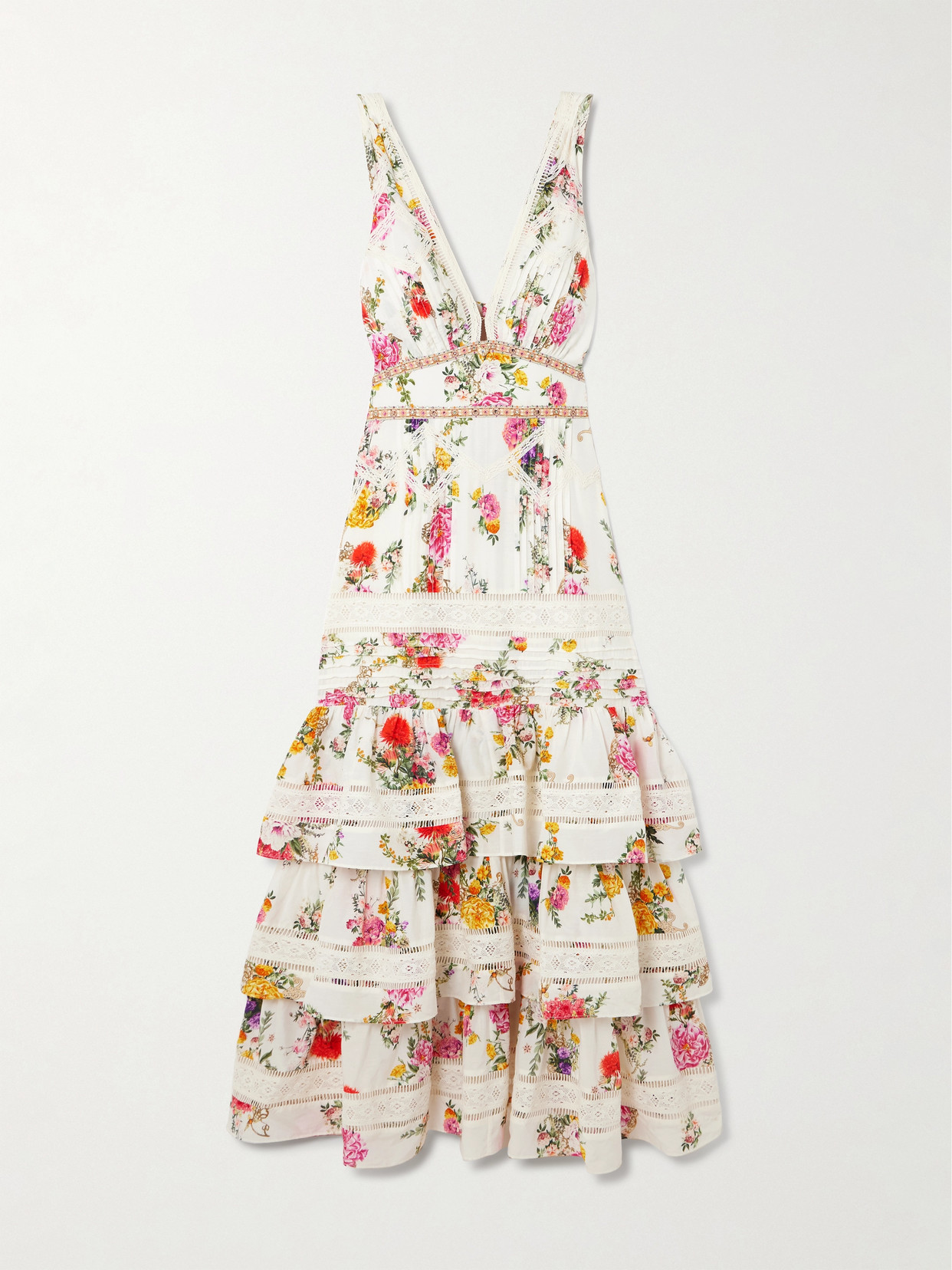 Camilla - Embellished Ruffled Lace-trimmed Floral-print Cotton And Silk-blend Midi Dress - Off-white