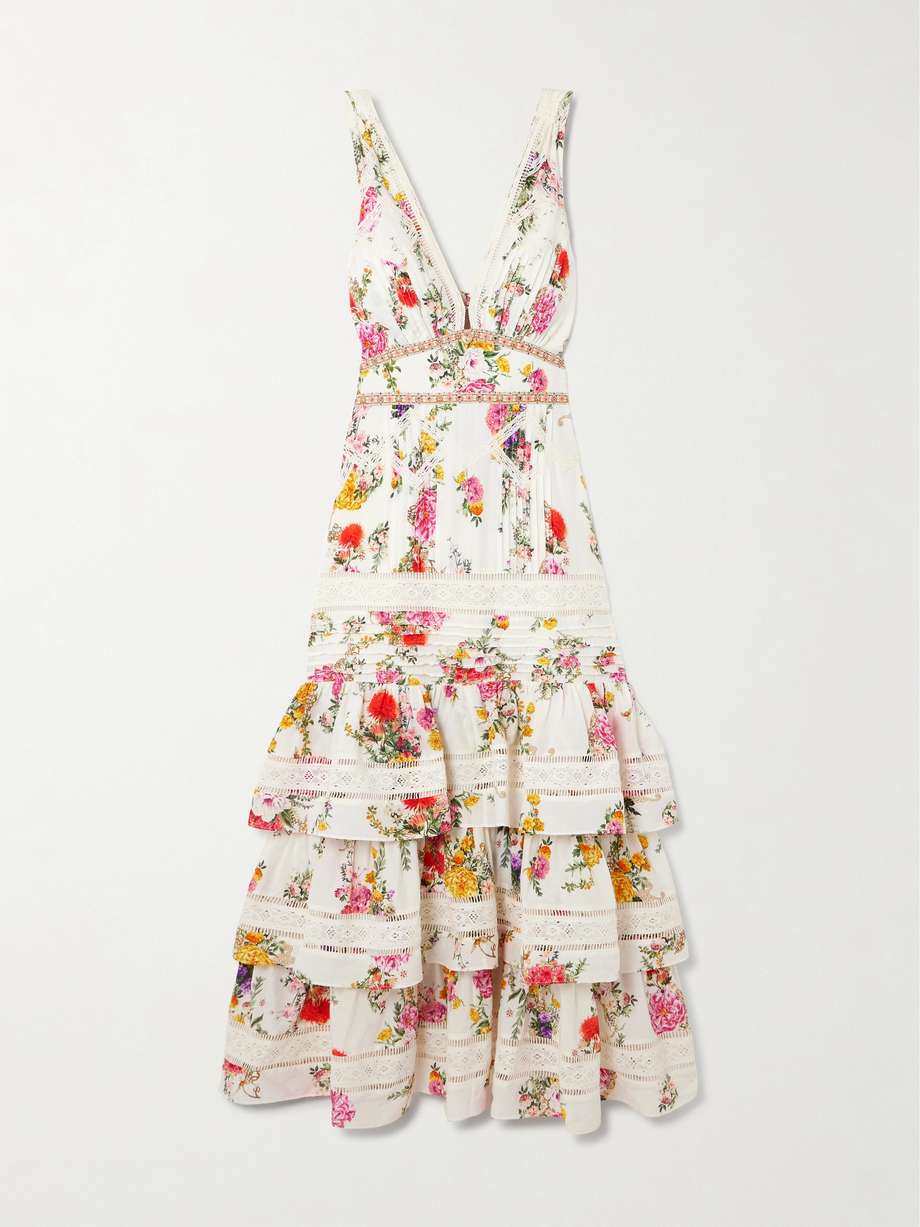 embellished ruffled lace-trimmed floral-print cotton and silk-blend midi dress