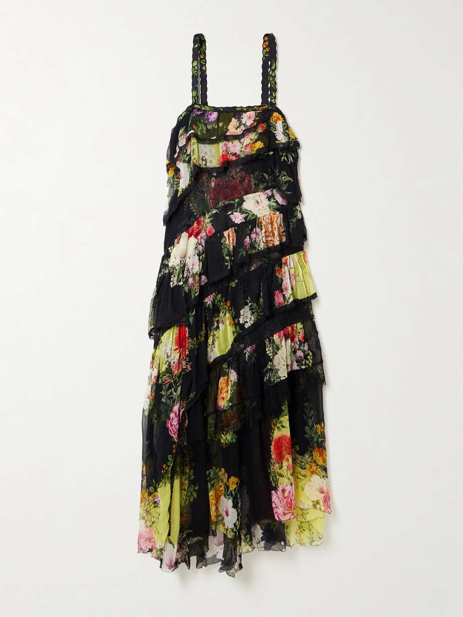 asymmetric crystal-embellished lace-trimmed floral-print silk-crepon midi dress