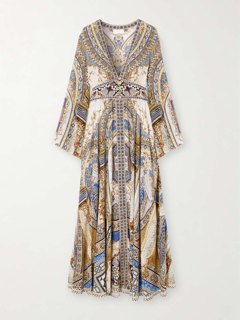 Camilla Embellished Shirred Printed Silk-crepe Maxi Dress