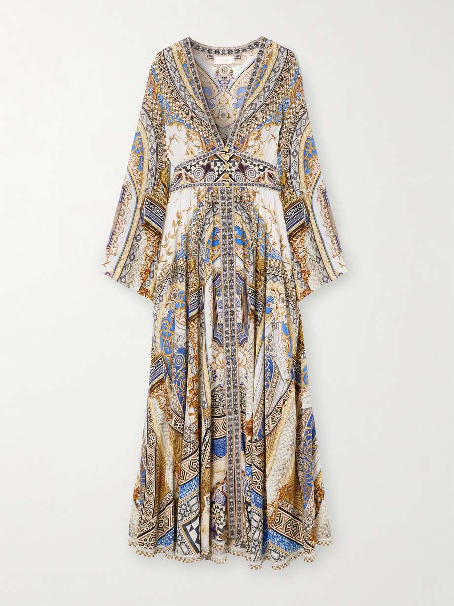 embellished shirred printed silk-crepe maxi dress
