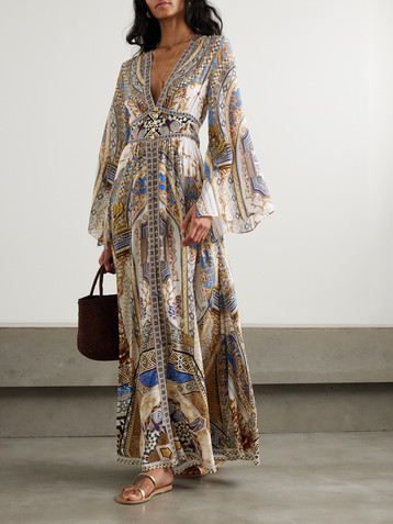 Camilla Embellished shirred printed silk-crepe maxi dress