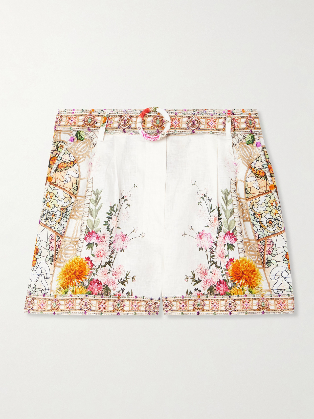 Camilla - Belted Crystal-embellished Floral-print Linen Shorts - Off-white