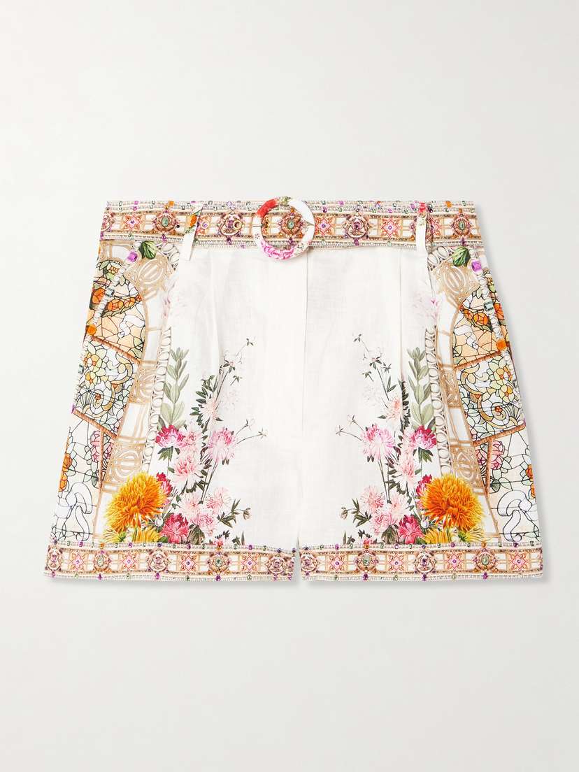 Camilla Belted Crystal-embellished Floral-print Linen Shorts
