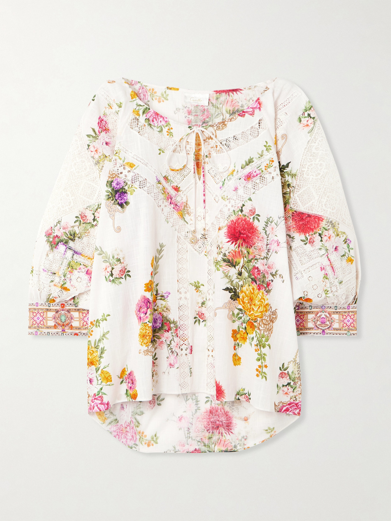 Camilla Egyptian Rose Print Raglan Sleeve Cotton Top In White