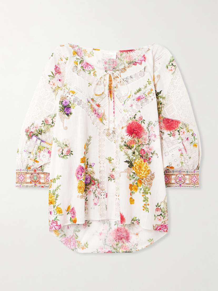 Camilla Tie-detailed Embellished Guipure Lace-trimmed Floral-print Cotton-voile Blouse