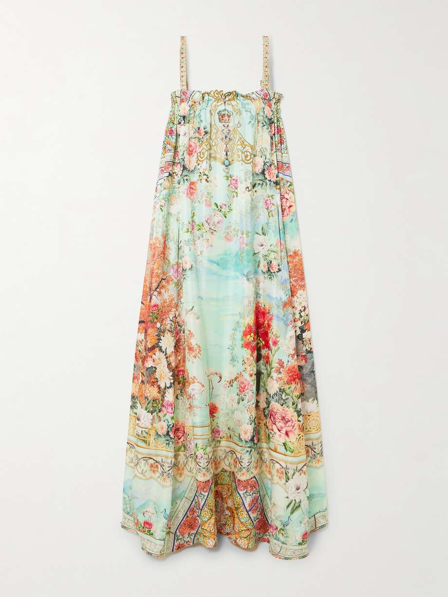 crystal-embellished printed silk maxi dress