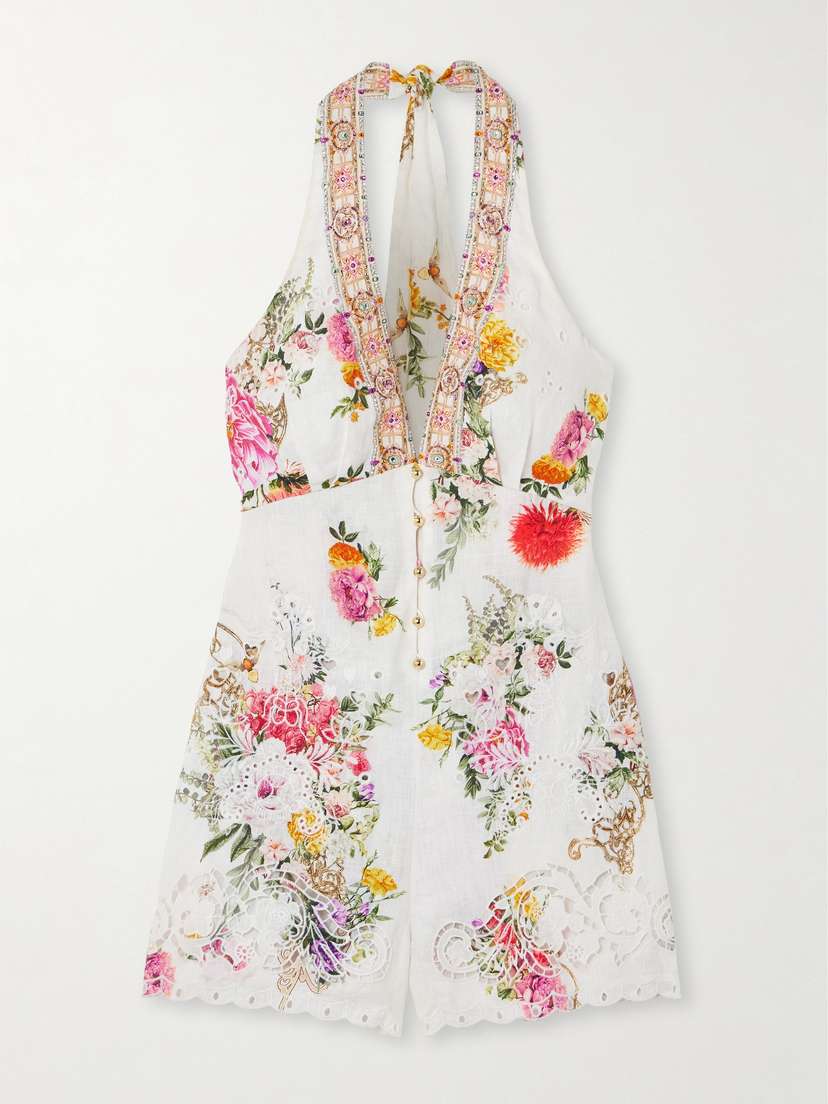 Camilla Embellished Floral-print Broderie Anglaise Linen Halterneck Playsuit