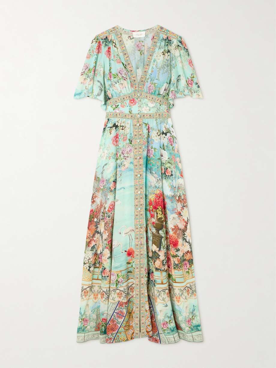the jewellery museum embellished shirred printed silk-crepe maxi dress