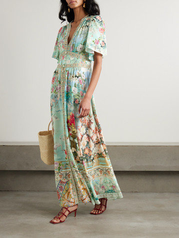 Camilla The Jewellery Museum embellished shirred printed silk-crepe maxi dress