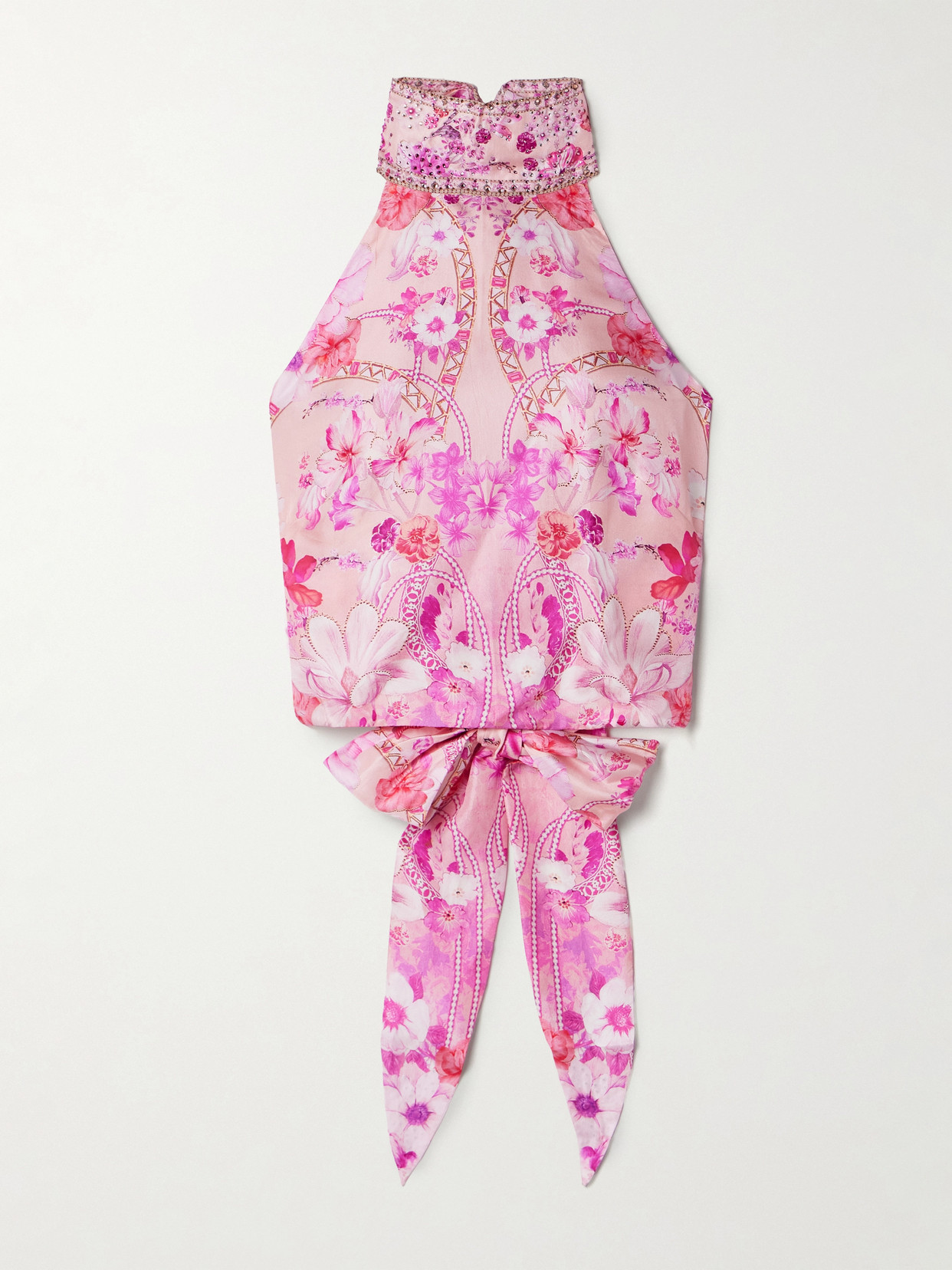 Camilla Cropped Crystal-embellished Printed Silk Halterneck Top In Pink