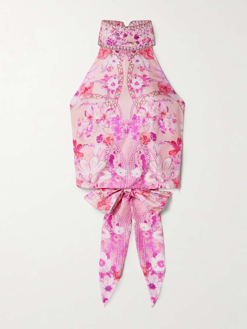 Camilla Cropped Crystal-embellished Printed Silk Halterneck Top