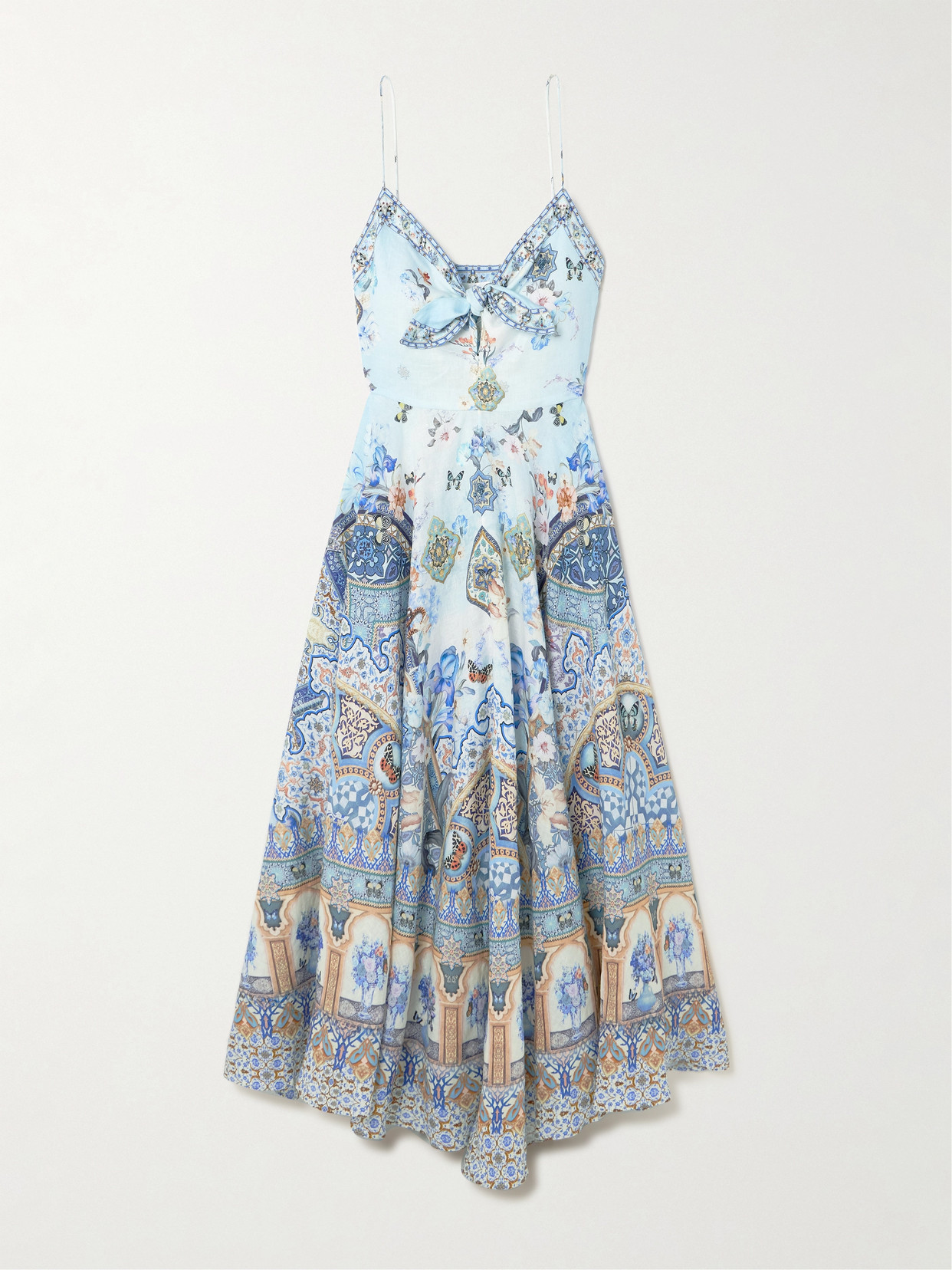 Camilla - Tie-front Crystal-embellished Printed Linen Midi Dress - Blue