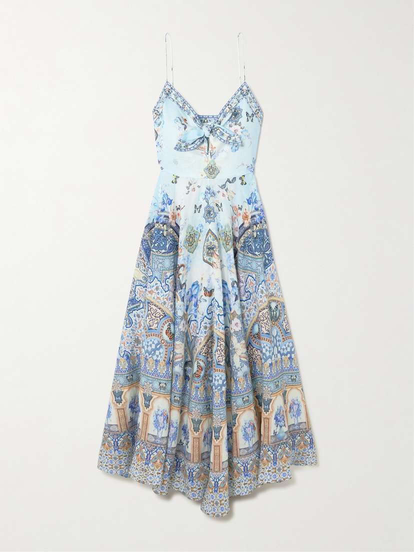 Camilla Tie-front Crystal-embellished Printed Linen Midi Dress