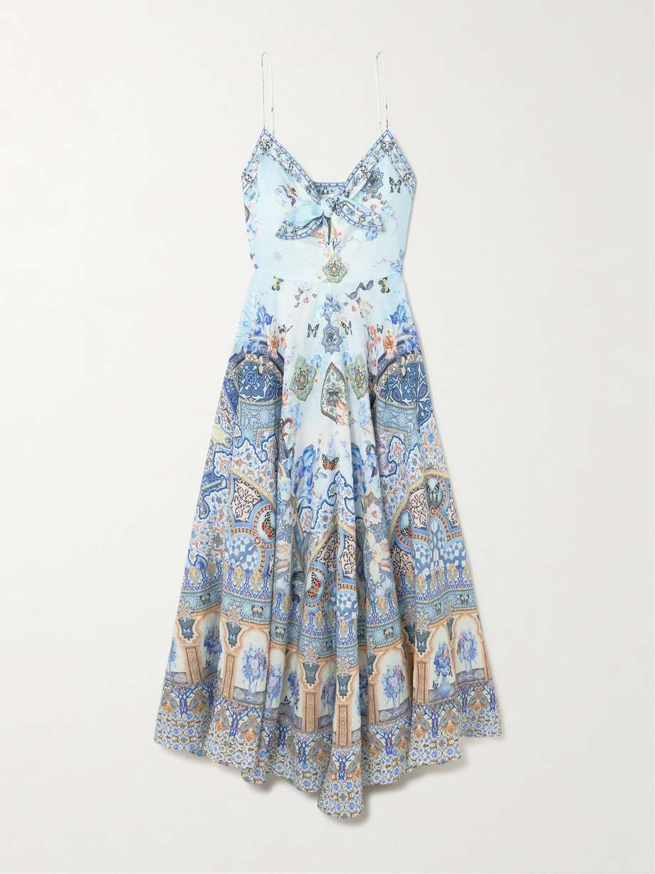 tie-front crystal-embellished printed linen midi dress