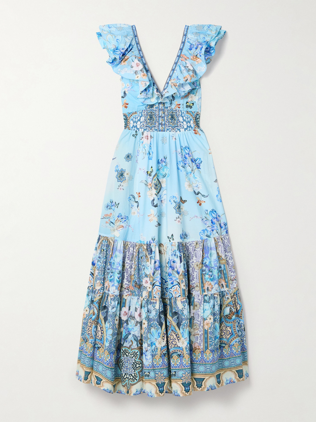 Camilla - Ruffled Crystal-embellished Printed Organic Cotton-poplin Maxi Dress - Blue