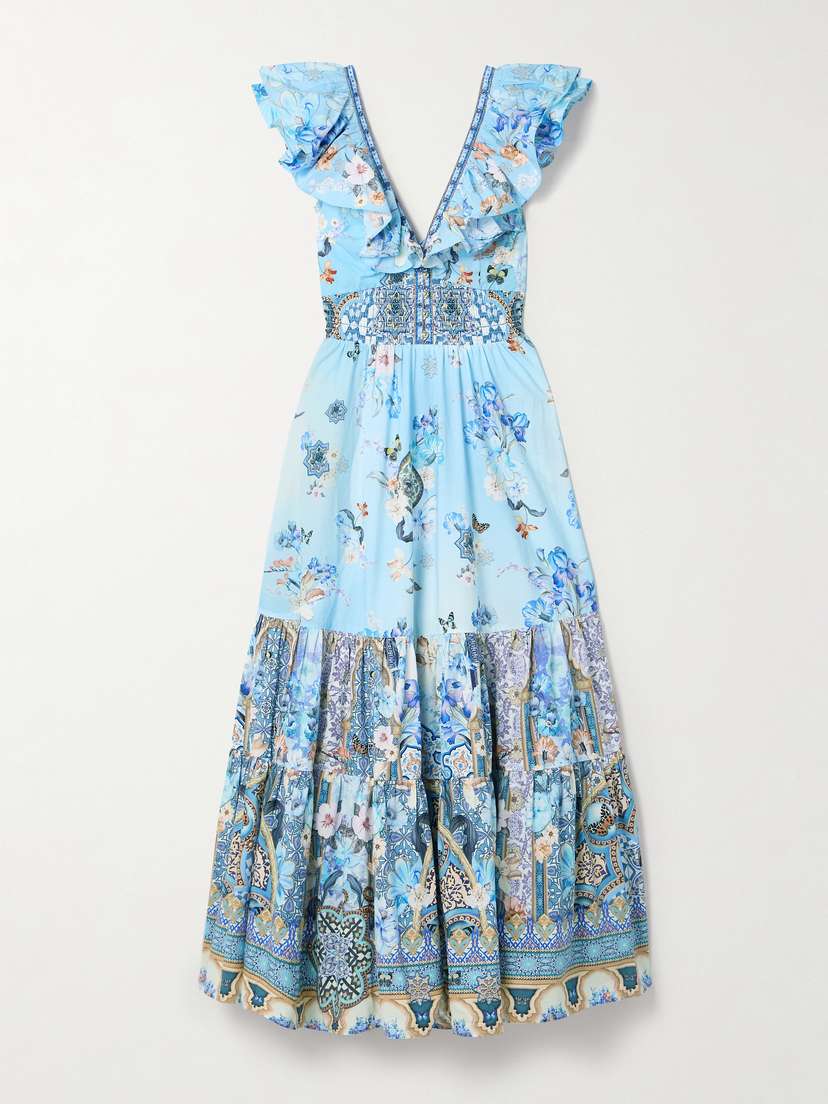 Camilla Ruffled Crystal-embellished Printed Organic Cotton-poplin Maxi Dress
