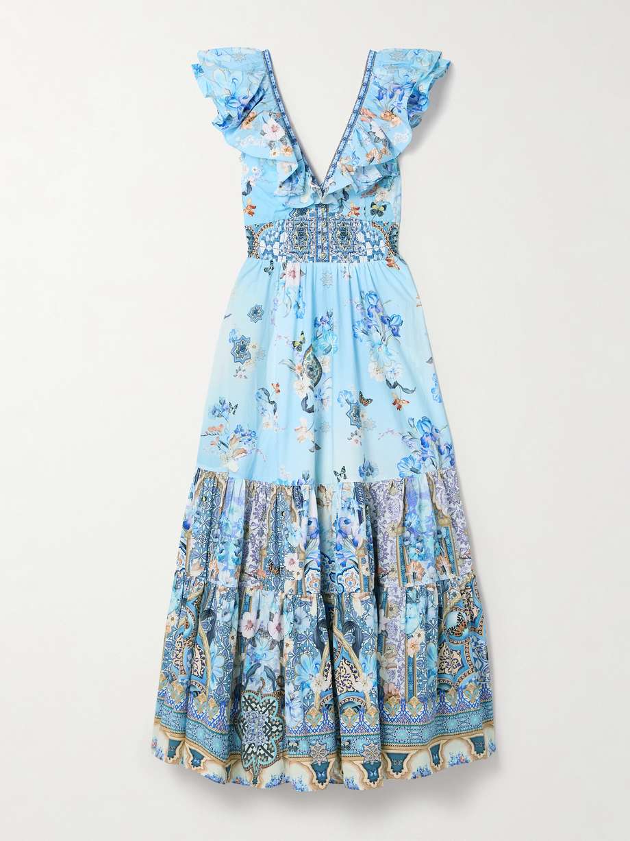 ruffled crystal-embellished printed organic cotton-poplin maxi dress
