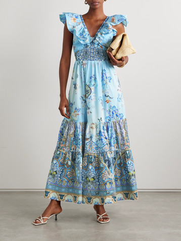 Camilla Ruffled crystal-embellished printed organic cotton-poplin maxi dress